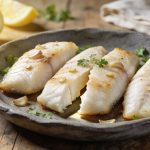How long to bake cod at 400: four thick baked cod fillets, bright white, with garlic and parsley in a slate-gray stoneware dish, one broken open.