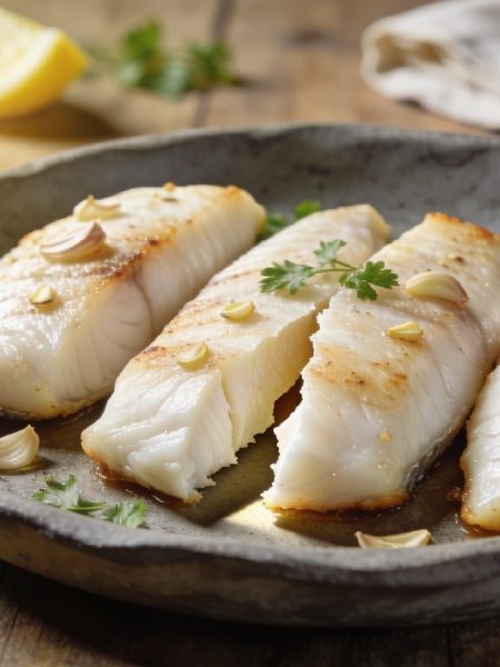 How long to bake cod at 400: four thick baked cod fillets, bright white, with garlic and parsley in a slate-gray stoneware dish, one broken open.