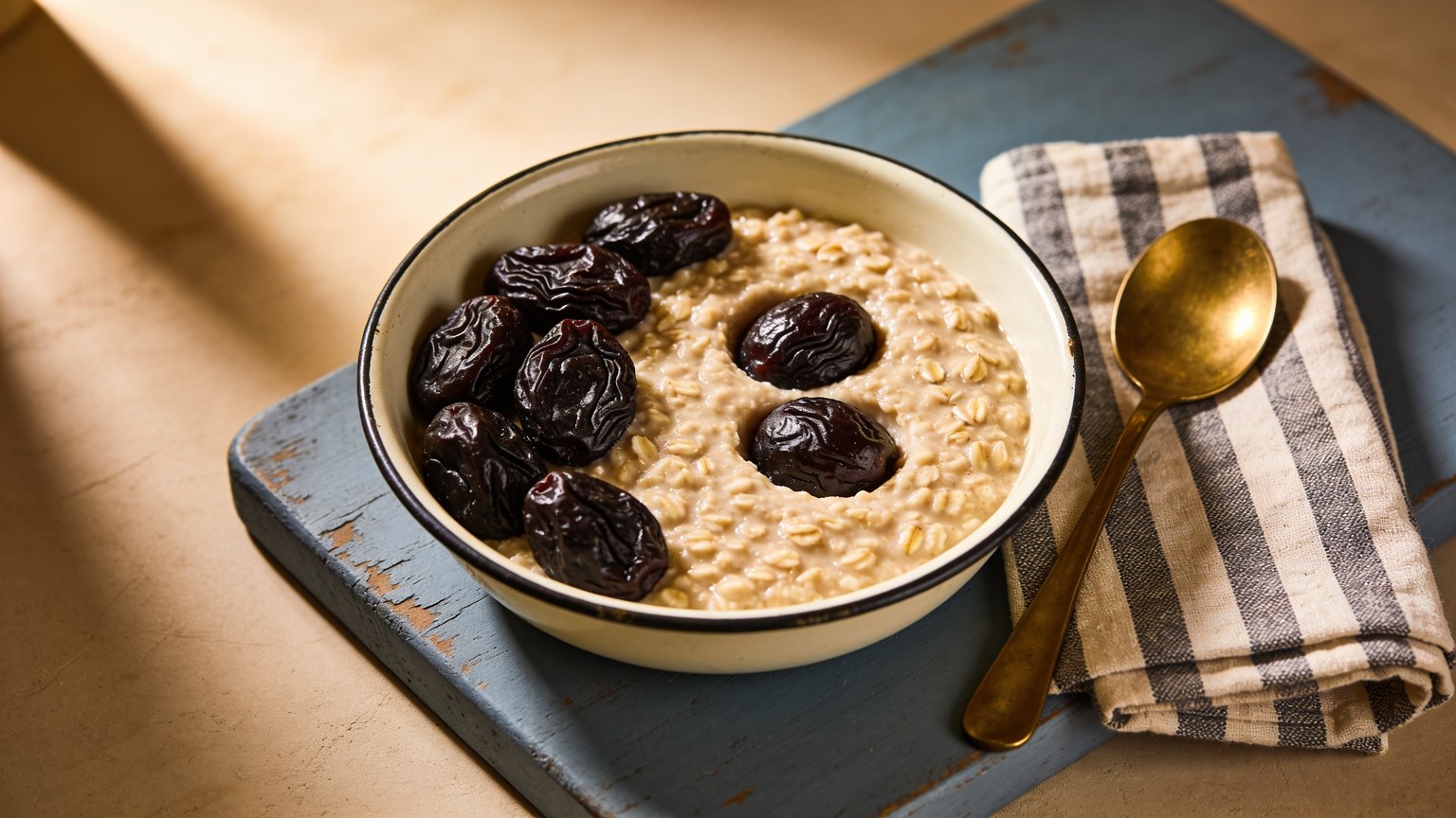 whole prunes on a bowl of oat porridge