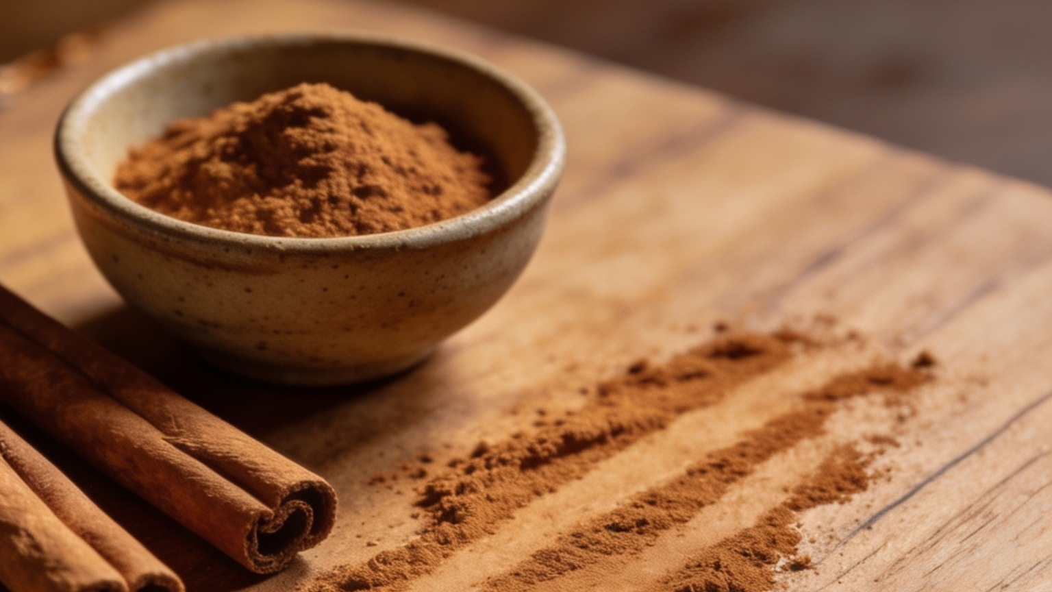 a stoneware bowl of ground cinnamon with spilled powder and cinnamon sticks on a worn wooden board