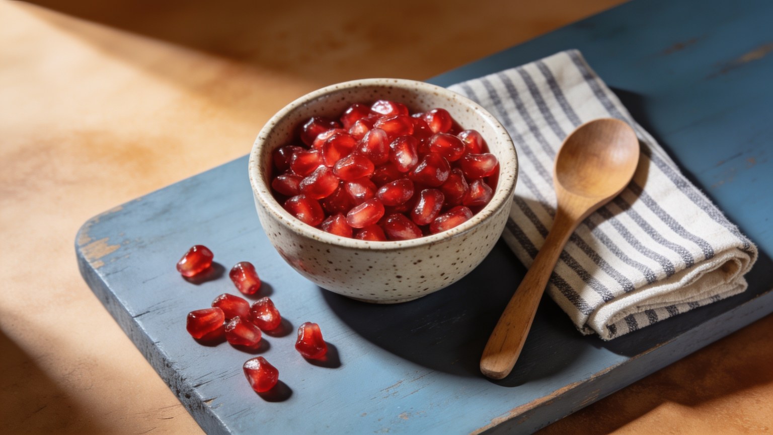 a small stoneware bowl of loose pomegranate arils seen from above on a blue-grey board