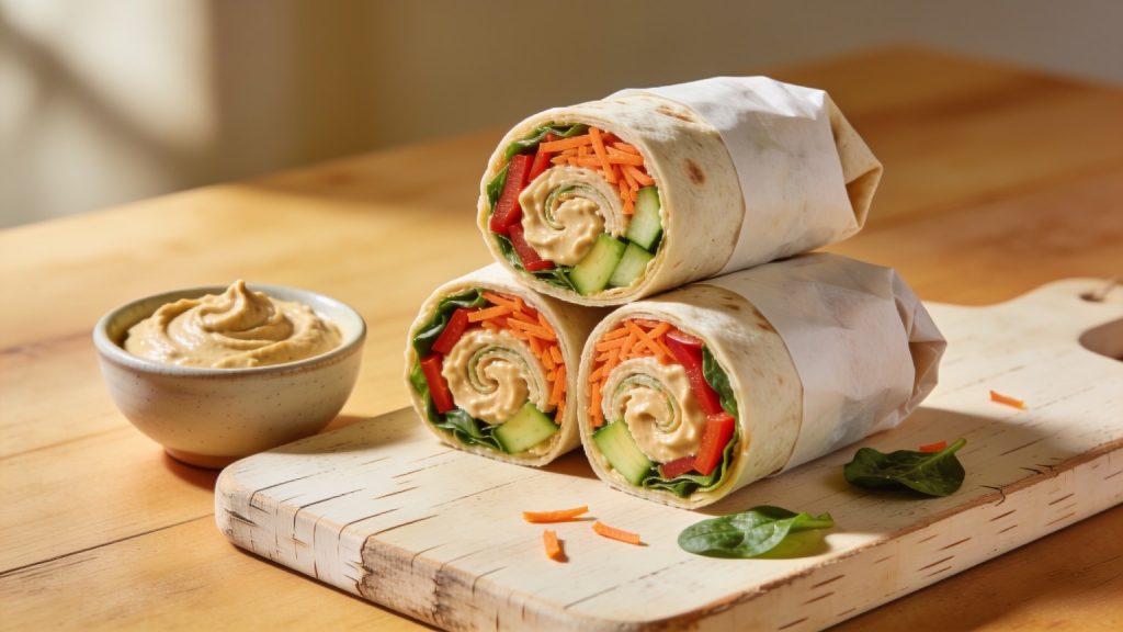 hummus veggie wrap halves showing spirals of hummus, carrot, red pepper, cucumber and spinach, with a bowl of hummus