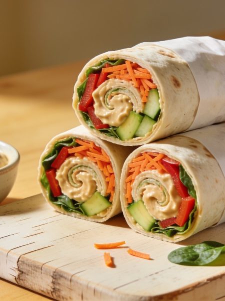hummus veggie wrap halves showing spirals of hummus, carrot, red pepper, cucumber and spinach, with a bowl of hummus