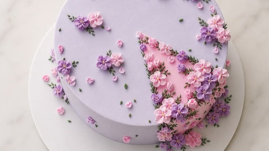 Lilac buttercream flower cake on a white board on marble, pink and purple piped flowers crowded around a pink frosted wedge set flush in the lilac top