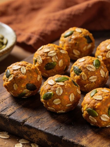 Nine no-bake pumpkin protein balls on a scratched dark walnut board, whole oat flakes and green pumpkin seeds pressed into the outside of each one