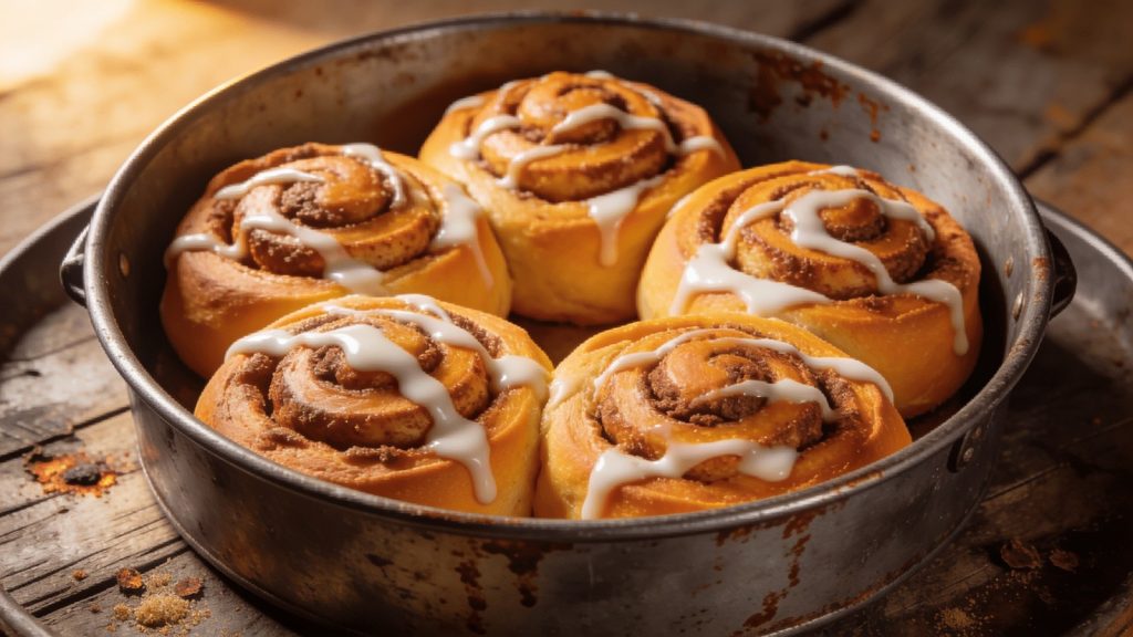 Pumpkin cinnamon rolls, no yeast: five rolls baked tight against one another in a worn metal pan, golden-orange dough coiled into brown cinnamon swirls, white icing drizzled over the tops.