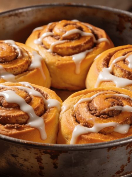 Pumpkin cinnamon rolls, no yeast: five rolls baked tight against one another in a worn metal pan, golden-orange dough coiled into brown cinnamon swirls, white icing drizzled over the tops.