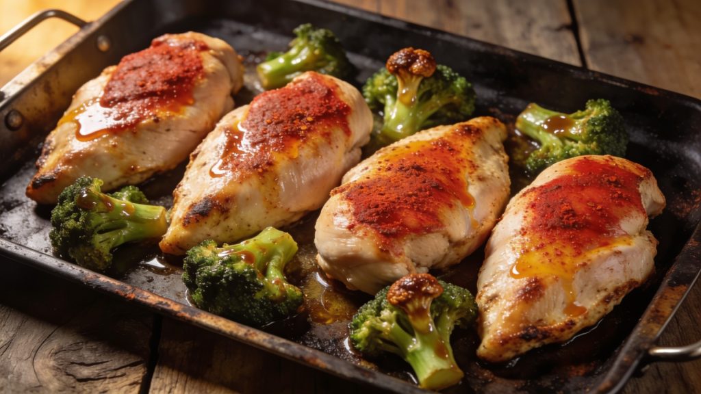 Sheet pan chicken and broccoli on a dark baking tray — four paprika-rubbed chicken breasts with roasted broccoli florets and the lemon-mustard dressing spooned over them