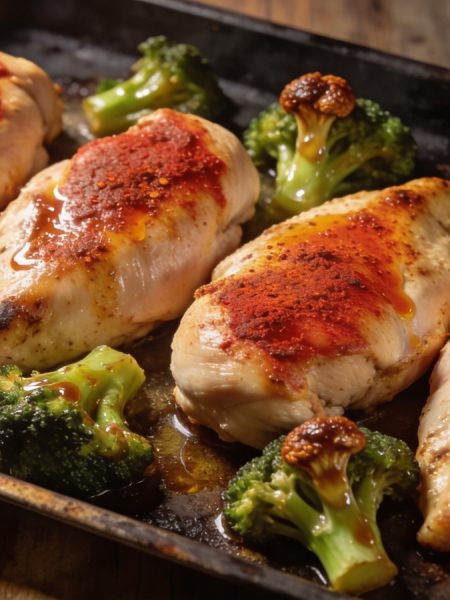 Sheet pan chicken and broccoli on a dark baking tray — four paprika-rubbed chicken breasts with roasted broccoli florets and the lemon-mustard dressing spooned over them