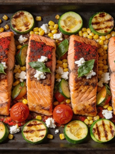 Sheet pan salmon and zucchini — four paprika-crusted fillets in a dark pan with zucchini rounds, whole cherry tomatoes, corn, crumbled feta and basil