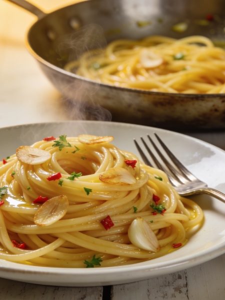 spaghetti aglio e olio twirled on a white plate with toasted garlic coins, chili flakes and parsley, skillet behind