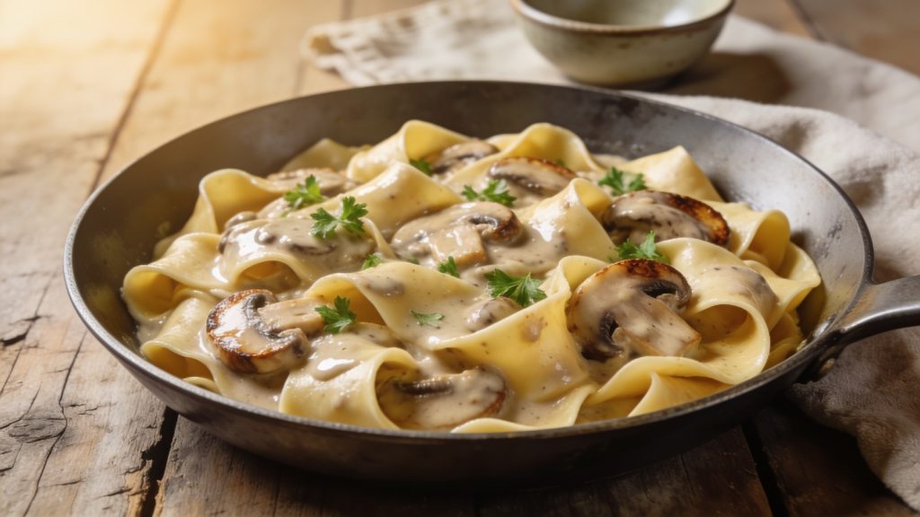 Vegan mushroom stroganoff in a skillet: pappardelle in a pale silken tofu sauce with browned cremini mushrooms and parsley