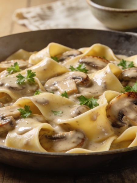 Vegan mushroom stroganoff in a skillet: pappardelle in a pale silken tofu sauce with browned cremini mushrooms and parsley