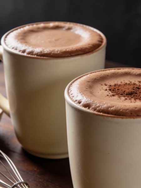 Healthy hot chocolate in two cream stoneware mugs with a fine cocoa-dusted foam, a bowl of cocoa powder and a wire whisk on a walnut table.